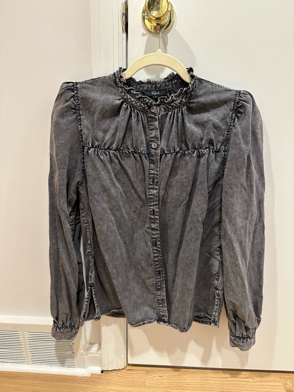 Rails Camille Ruffle Neck Shirt in black acid wash denim